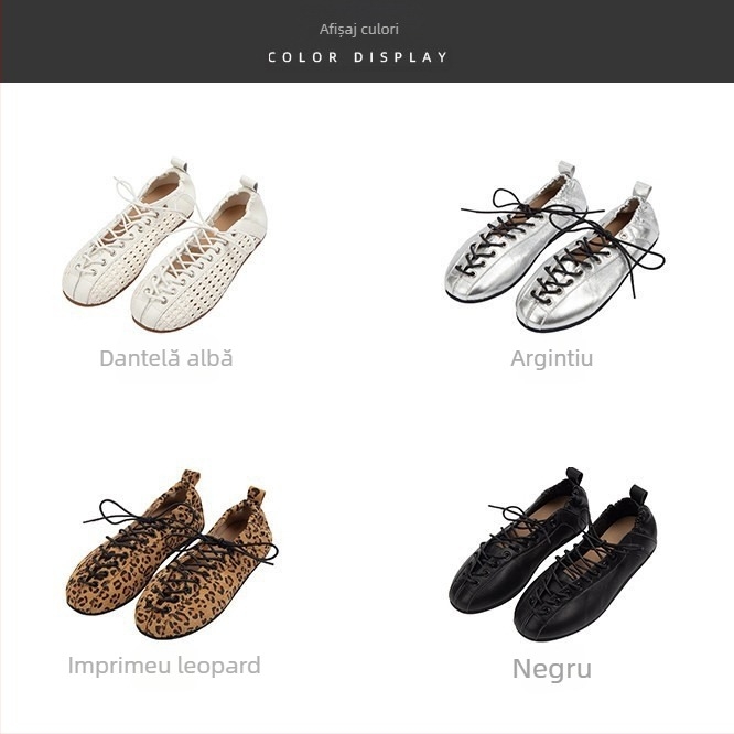 Pantofi balerini eleganți, în stil franțuzesc, cu șireturi, cu model tricotat decupat, talpă plată pentru femei