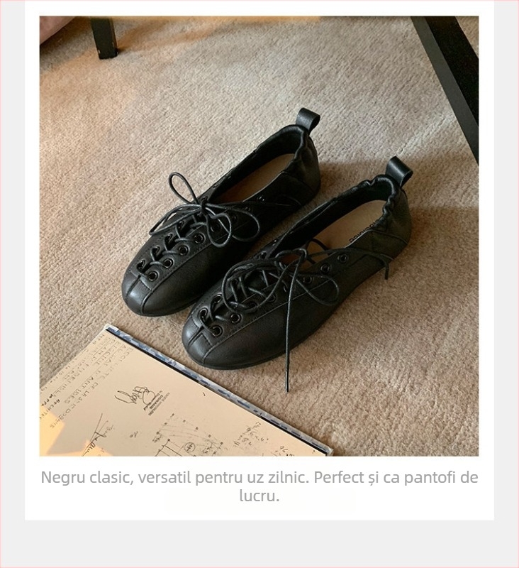 Pantofi balerini eleganți, în stil franțuzesc, cu șireturi, cu model tricotat decupat, talpă plată pentru femei