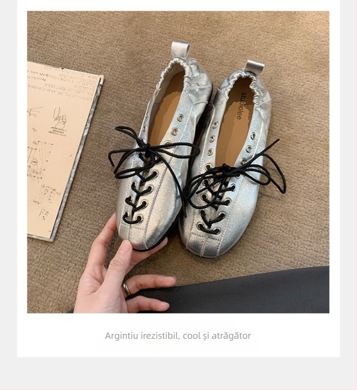 Pantofi balerini eleganți, în stil franțuzesc, cu șireturi, cu model tricotat decupat, talpă plată pentru femei