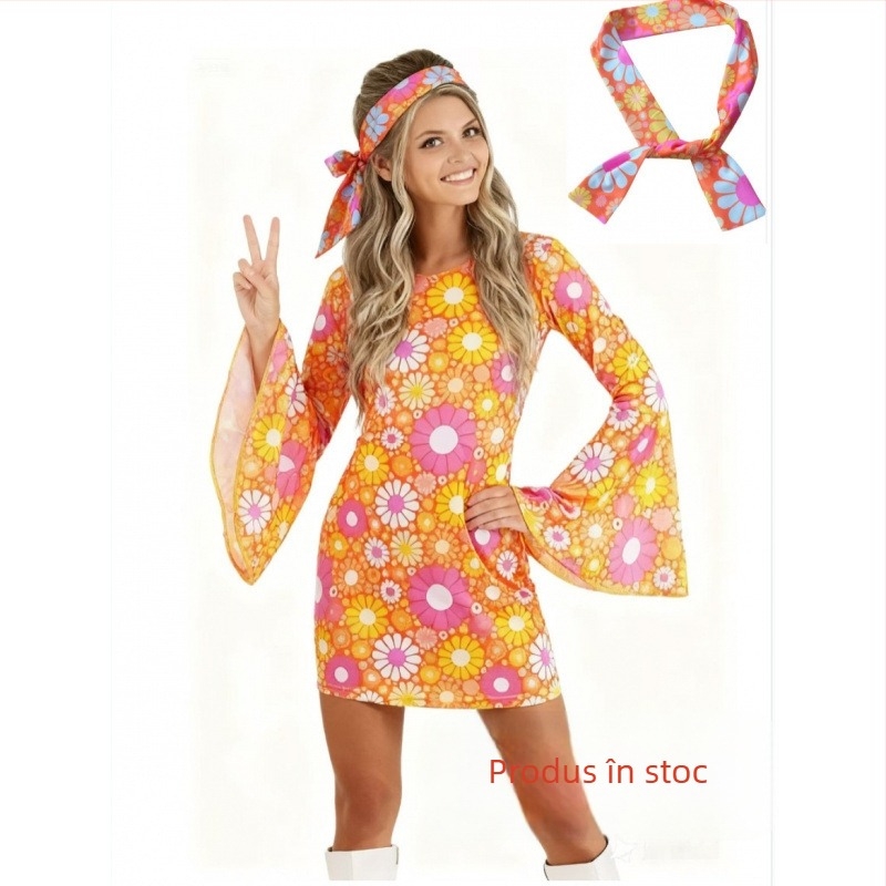 rochie din poliester în stil hippie-disco al anilor '70, guler polo, mâneci 3/4, lungime midi, stil vintage artistic