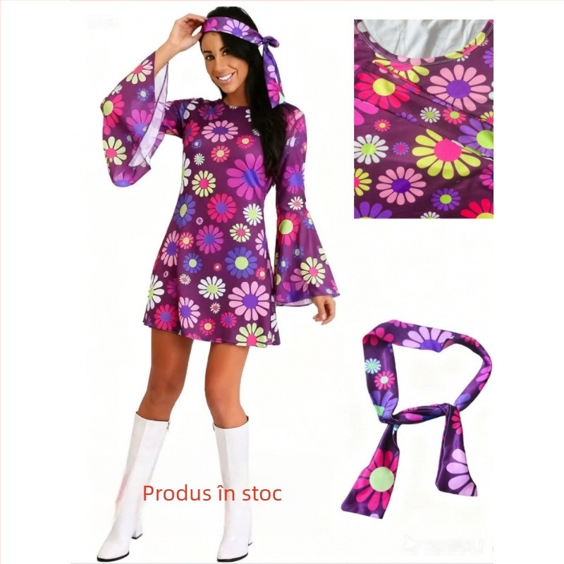 rochie din poliester în stil hippie-disco al anilor '70, guler polo, mâneci 3/4, lungime midi, stil vintage artistic