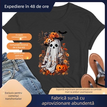 Tricou femei Halloween cu fantomă și dovleac – imprimeu floral de toamnă, mărime europeană