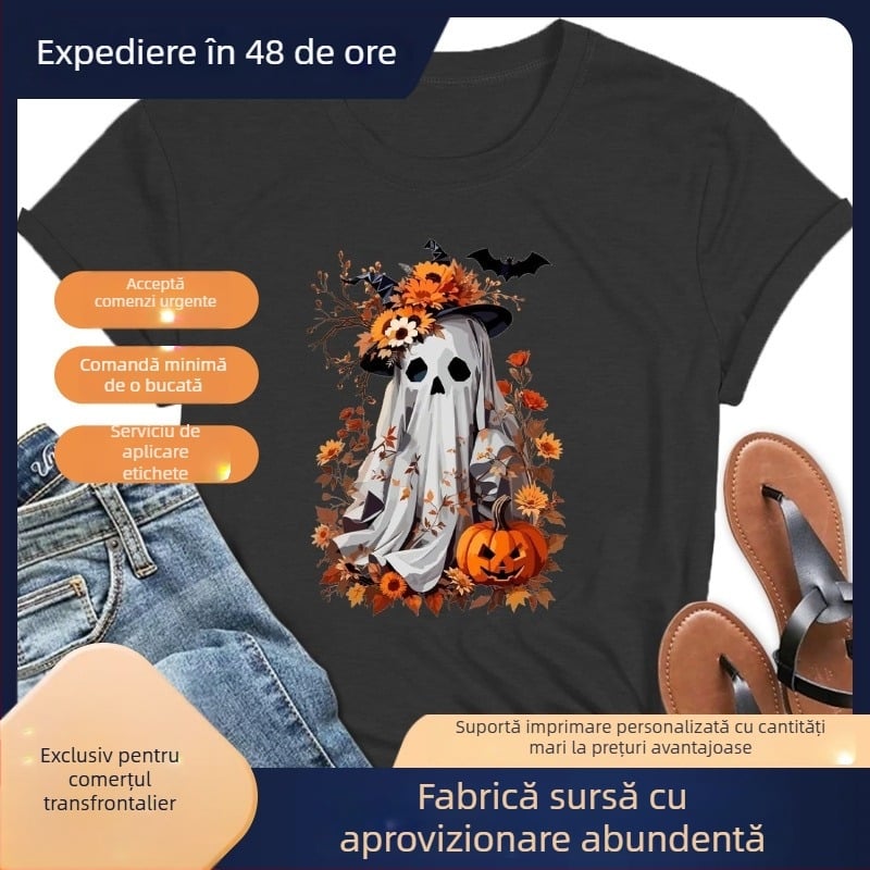 Tricou femei Halloween cu fantomă și dovleac – imprimeu floral de toamnă, mărime europeană