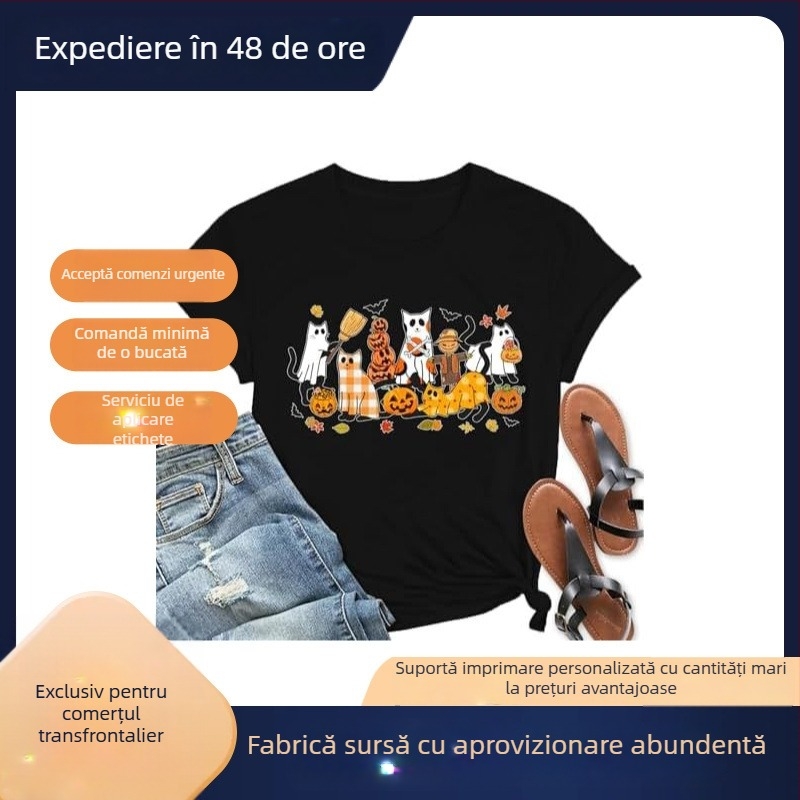 Tricou femei Halloween cu fantomă și dovleac – imprimeu floral de toamnă, mărime europeană