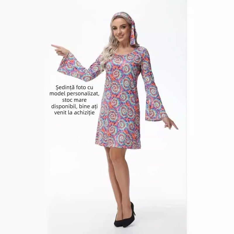 Costum de scenă hippie de vară, cu influențe din moda europeană și americană, țesătură Milk Silk și poliester