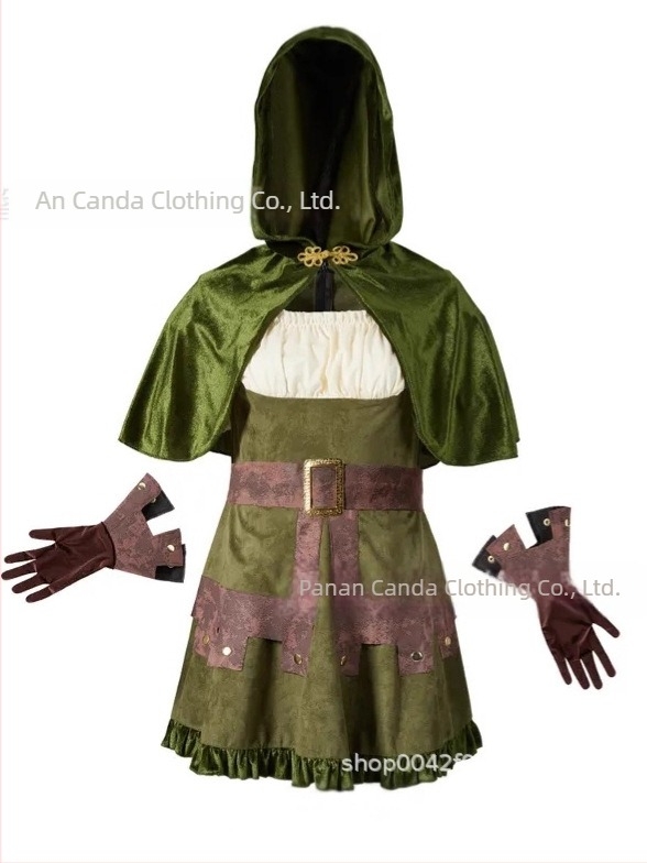 Set fustă și mantie din velur verde, în rolul Robin Hood, pentru femei, cosplay medieval nordic