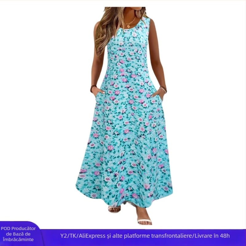 Rochie de vară lungă, fără mâneci, cu buzunare, croială lejeră, imprimeu floral, poliester
