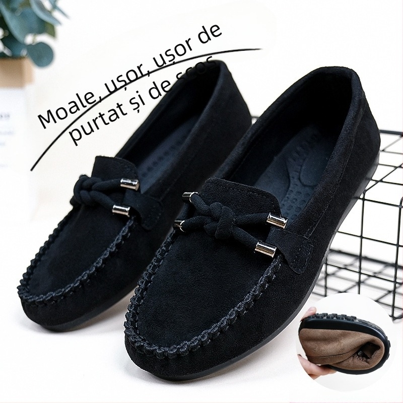 Pantofi damă slip-on din piele întoarsă neagră, talpă moale, anti-derapare, casual pentru ziua de zi