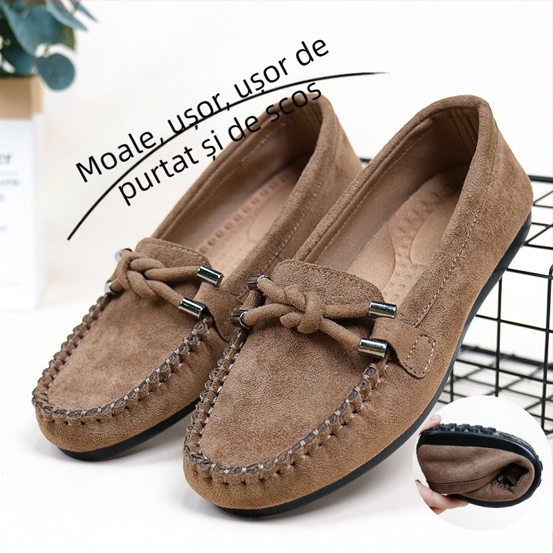 Pantofi damă slip-on din piele întoarsă neagră, talpă moale, anti-derapare, casual pentru ziua de zi