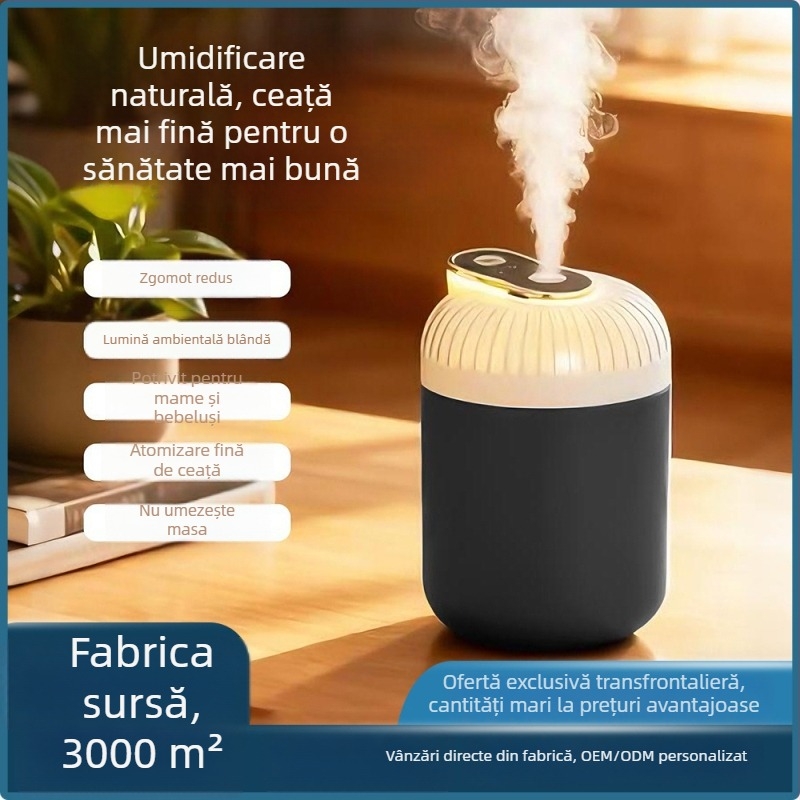 Umidificator USB portabil pentru casă și mașină, silențios, corp rotund din ABS, 1 ieșire ceață, lumină difuză, compact