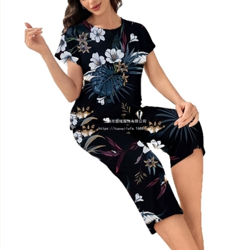 Set de vară pentru femei din două piese: top cu guler rotund și mânecă scurtă, pantaloni crop, imprimeu floral tropical, croială lejeră, mărime mare
