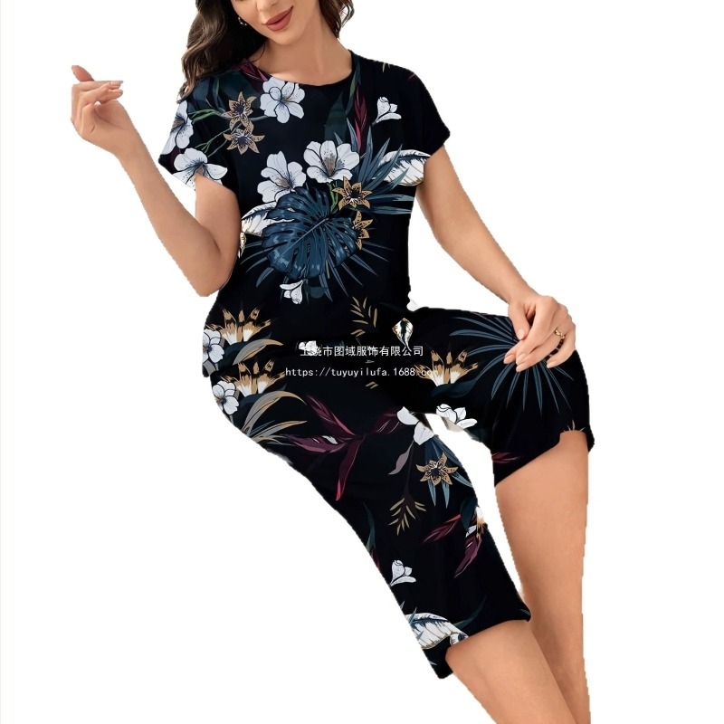 Set de vară pentru femei din două piese: top cu guler rotund și mânecă scurtă, pantaloni crop, imprimeu floral tropical, croială lejeră, mărime mare