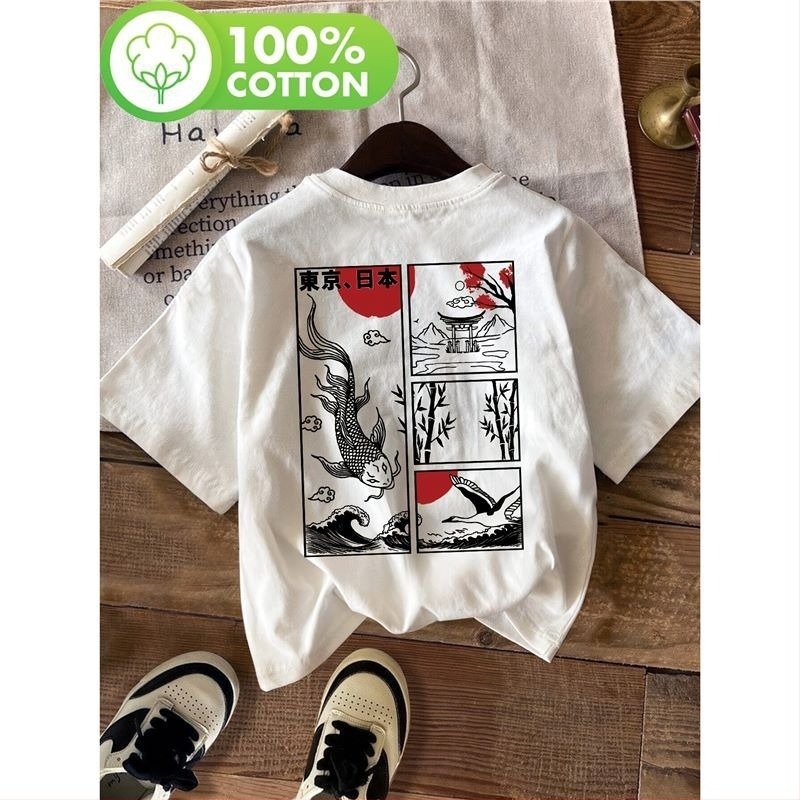 Top damă cu guler rotund, imprimeu cu model bambus, mărime europeană, mâneci scurte, bumbac, casual, croială lejeră