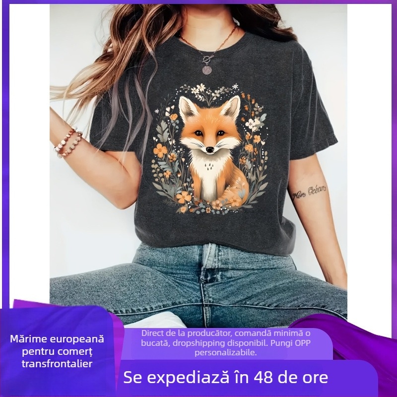 Tricou damă casual cu mânecă scurtă și guler rotund, imprimeu vulpe drăguță și flori - temă animalieră, portocaliu aprins