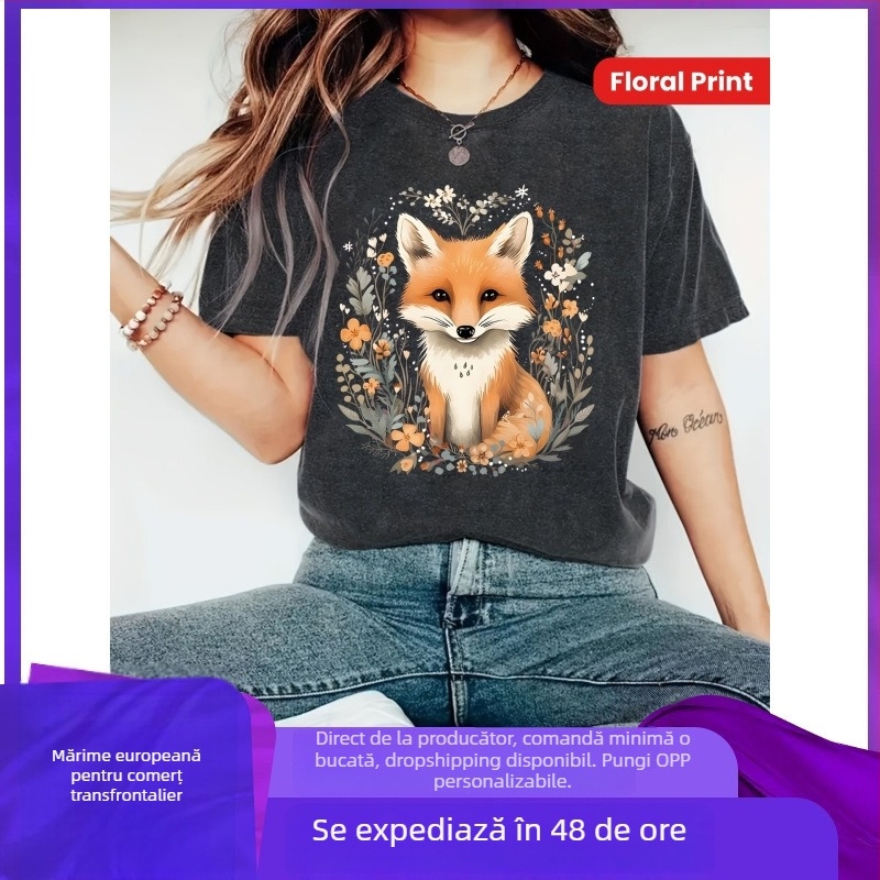 Tricou damă casual cu mânecă scurtă și guler rotund, imprimeu vulpe drăguță și flori - temă animalieră, portocaliu aprins