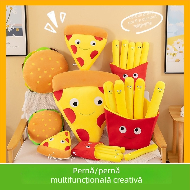 Pluș în formă de cartofi prăjiți și burger, cu pizza mare – pernă-jucărie pentru somn, cadou de ziua copiilor