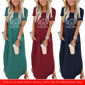 Rochie tricotată din bumbac cu mâneca scurtă, guler rotund, imprimeu, talie lejeră, fustă lungă neregulată, stil street hipster