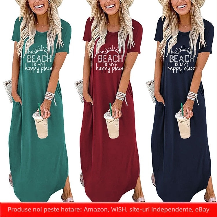 Rochie tricotată din bumbac cu mâneca scurtă, guler rotund, imprimeu, talie lejeră, fustă lungă neregulată, stil street hipster