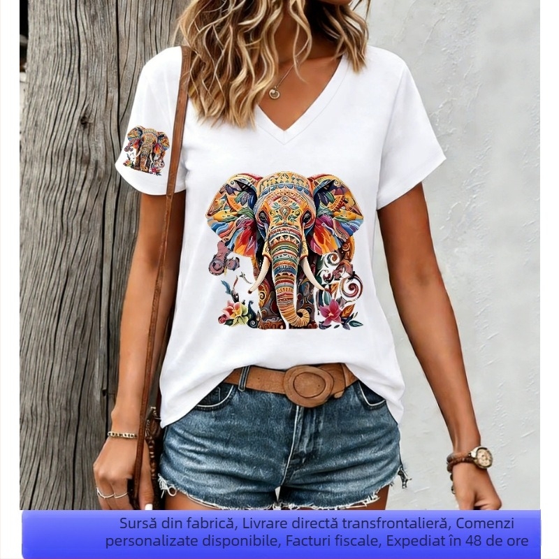 Tricou cu imprimare digitală 3D, mânecă scurtă, decolteu în V, plus size, croială european-americană, 2026