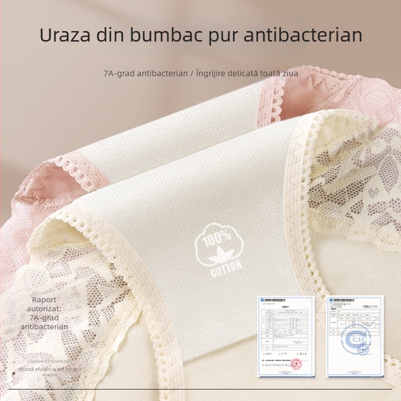 Chiloți femei din bumbac, cu dantelă la margine, talie medie, confortabili și respirabili, slip bikini cu acoperire completă a șoldurilor