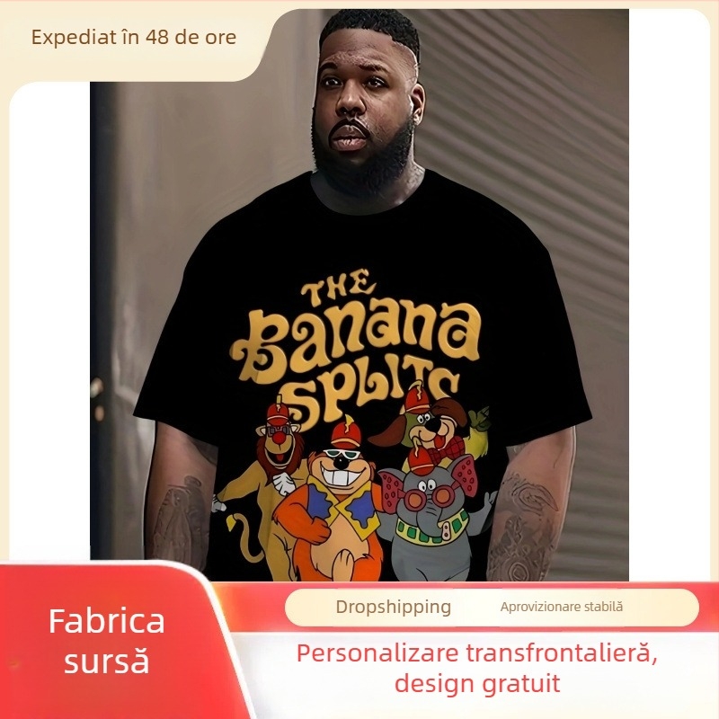 Tricou T-shirt pentru bărbați, mărime plus, cu imprimeu de animale în stil hip-hop, Banana Split, negru, mâneci scurte, guler rotund