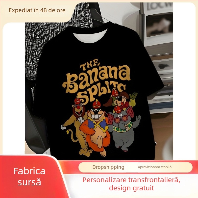 Tricou T-shirt pentru bărbați, mărime plus, cu imprimeu de animale în stil hip-hop, Banana Split, negru, mâneci scurte, guler rotund