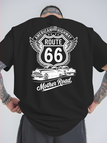 Tricou graphic Route 66 pentru bărbați – design cu mașină vintage și aripă, respirabil, croială lejeră