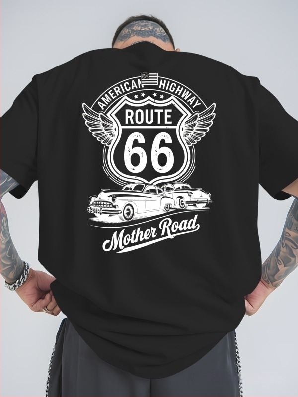 Tricou graphic Route 66 pentru bărbați – design cu mașină vintage și aripă, respirabil, croială lejeră