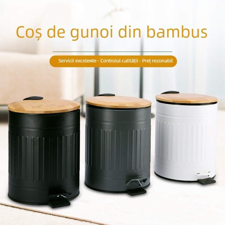Coș de gunoi cu capac din bambus, model roman retro, cu pedală, 3-5 L capacitate, pentru bucătărie, casă și spații comerciale