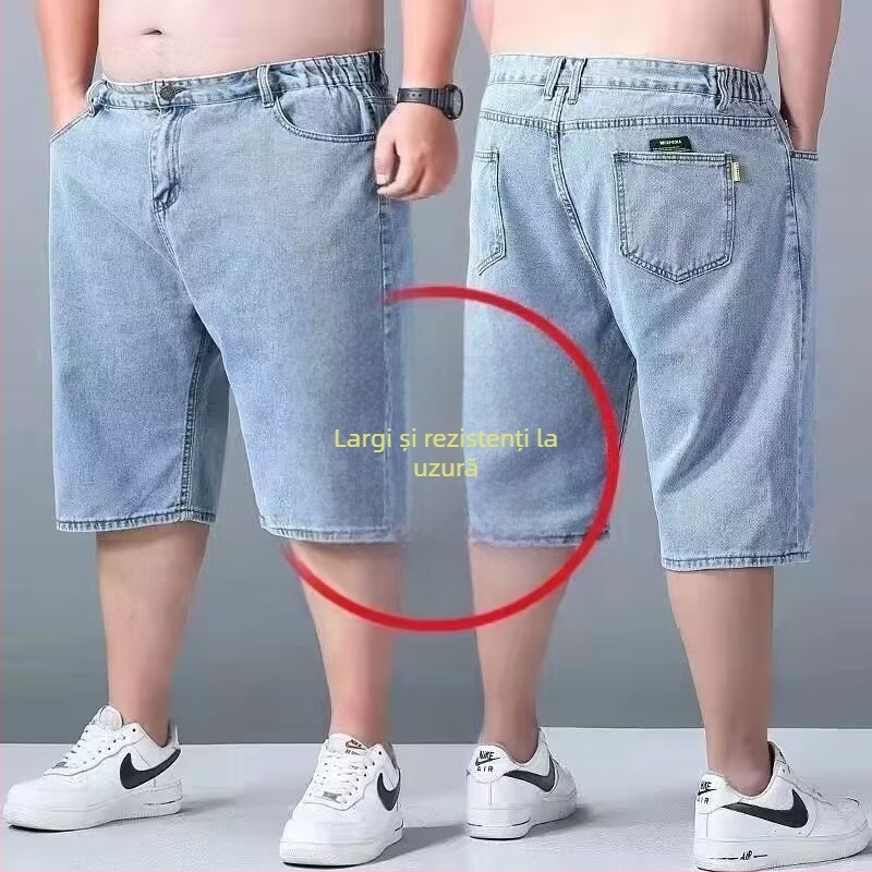 Şorturi denim pentru bărbați, mărime plus, croială lejeră, albastru deschis, croială lată