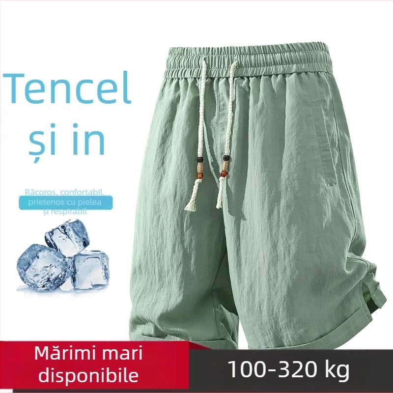 Șorturi Bermuda pentru bărbați din amestec Lyocell-lin, mărime plus, vară, culoare uni, ușoare și versatile.