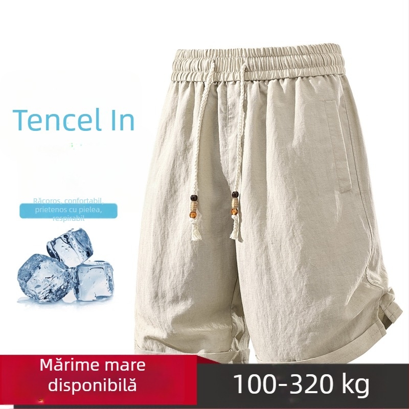 Șorturi Bermuda pentru bărbați din amestec Lyocell-lin, mărime plus, vară, culoare uni, ușoare și versatile.