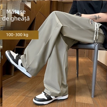 Pantaloni pentru bărbați din Ice Silk, mărime plus, croială lejeră cu wide-leg, talie înaltă, stil american, croială dreaptă, subțiri, răcoroși pentru vară