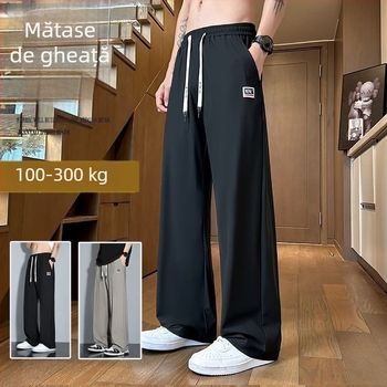 Pantaloni pentru bărbați din Ice Silk, mărime plus, croială lejeră cu wide-leg, talie înaltă, stil american, croială dreaptă, subțiri, răcoroși pentru vară