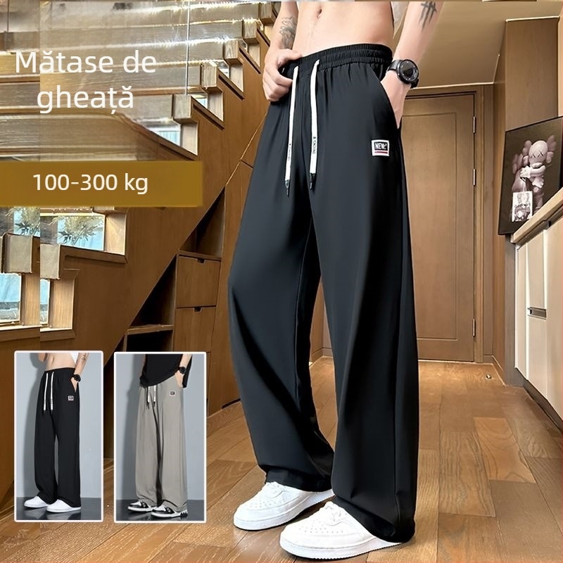 Pantaloni pentru bărbați din Ice Silk, mărime plus, croială lejeră cu wide-leg, talie înaltă, stil american, croială dreaptă, subțiri, răcoroși pentru vară