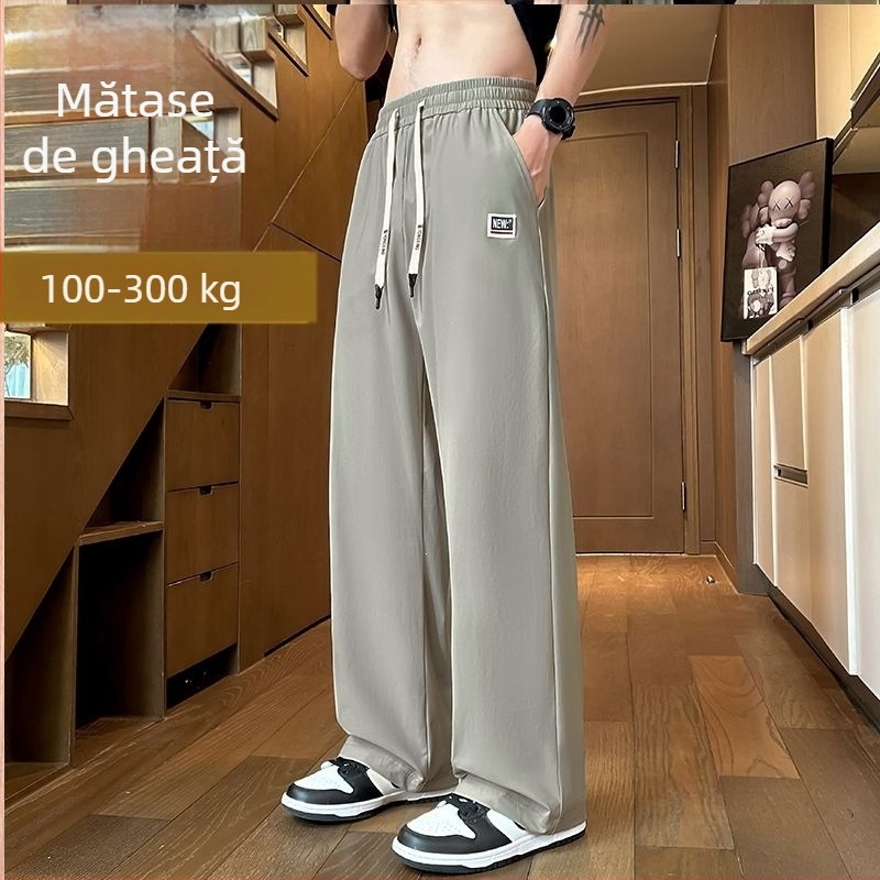 Pantaloni pentru bărbați din Ice Silk, mărime plus, croială lejeră cu wide-leg, talie înaltă, stil american, croială dreaptă, subțiri, răcoroși pentru vară
