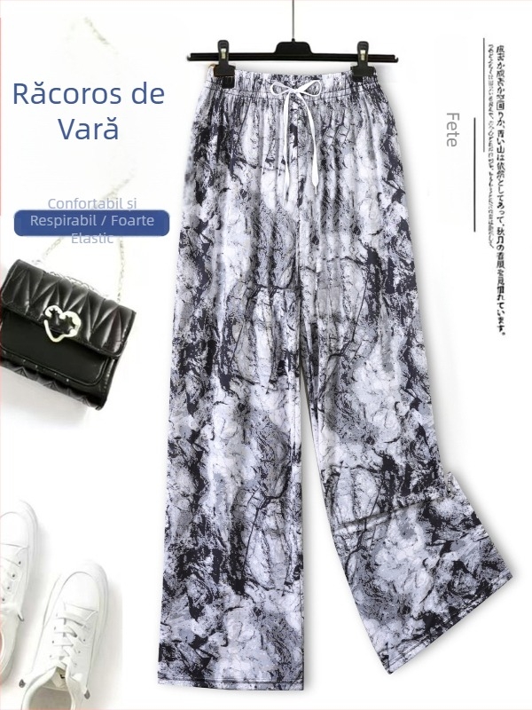 Pantaloni din Ice Silk pentru femei, cu imprimeu floral, casual pentru casă, protecție împotriva țânțarilor, talie înaltă, croială dreaptă