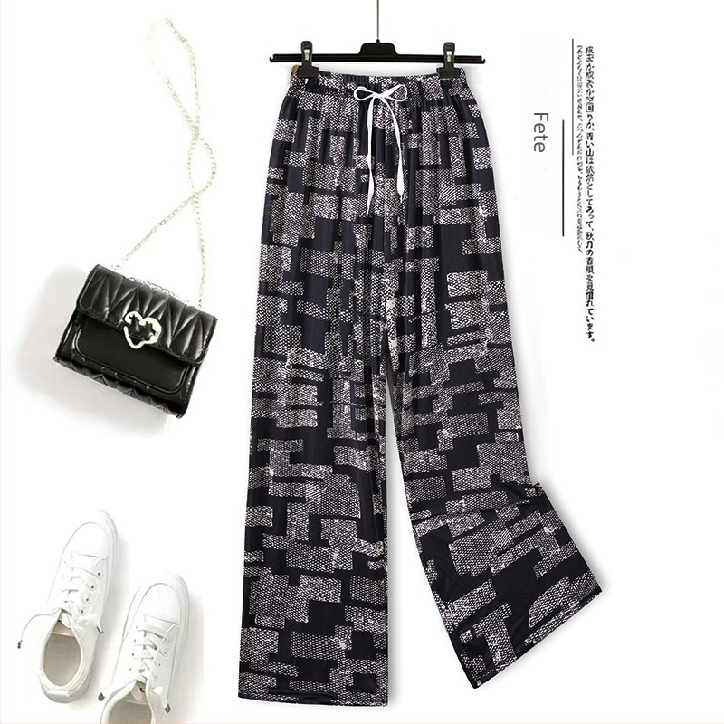 Pantaloni din Ice Silk pentru femei, cu imprimeu floral, casual pentru casă, protecție împotriva țânțarilor, talie înaltă, croială dreaptă