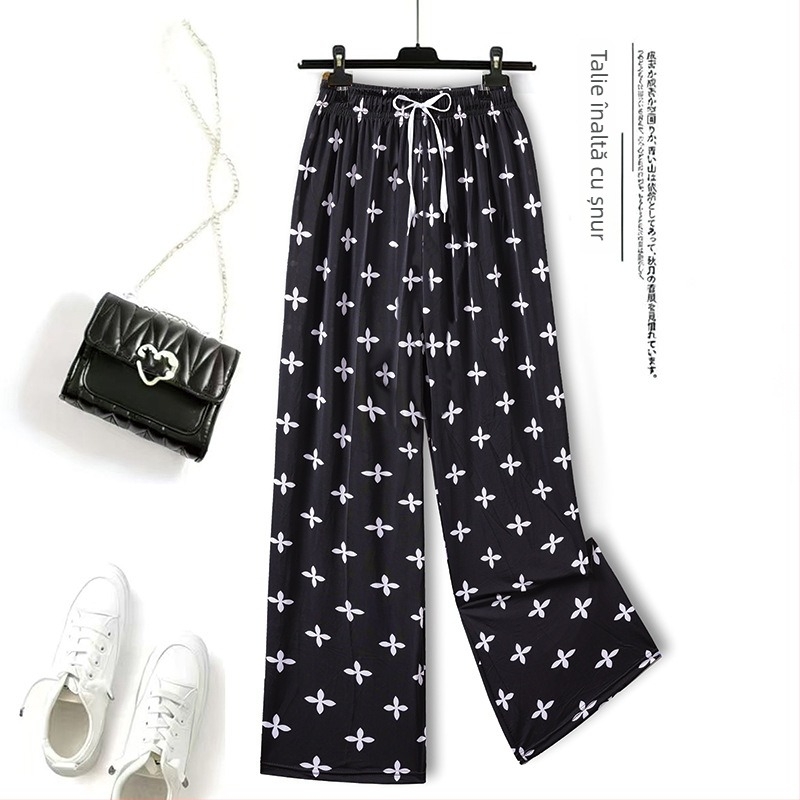 Pantaloni din Ice Silk pentru femei, cu imprimeu floral, casual pentru casă, protecție împotriva țânțarilor, talie înaltă, croială dreaptă