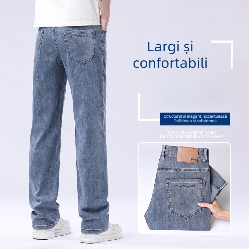 Pantaloni din denim cu talie înaltă, croială dreaptă, elastici, țesătură ultra-moale