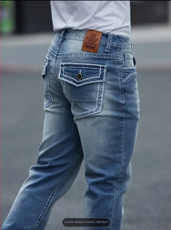 Blugi denim pentru bărbați, stil business casual, croială dreaptă, elastici, talie medie