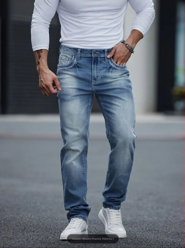 Blugi denim pentru bărbați, stil business casual, croială dreaptă, elastici, talie medie