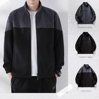 Jachetă sport din fleece pentru bărbați, cu guler înalt, fermoar, iarnă, mărime plus, design simplu cu blocuri de culoare