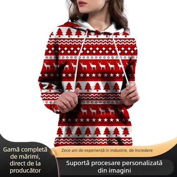 Hanorac damă cu imprimeu digital, glugă, mâneci lungi, guler rotund, pentru sport în aer liber, 2023