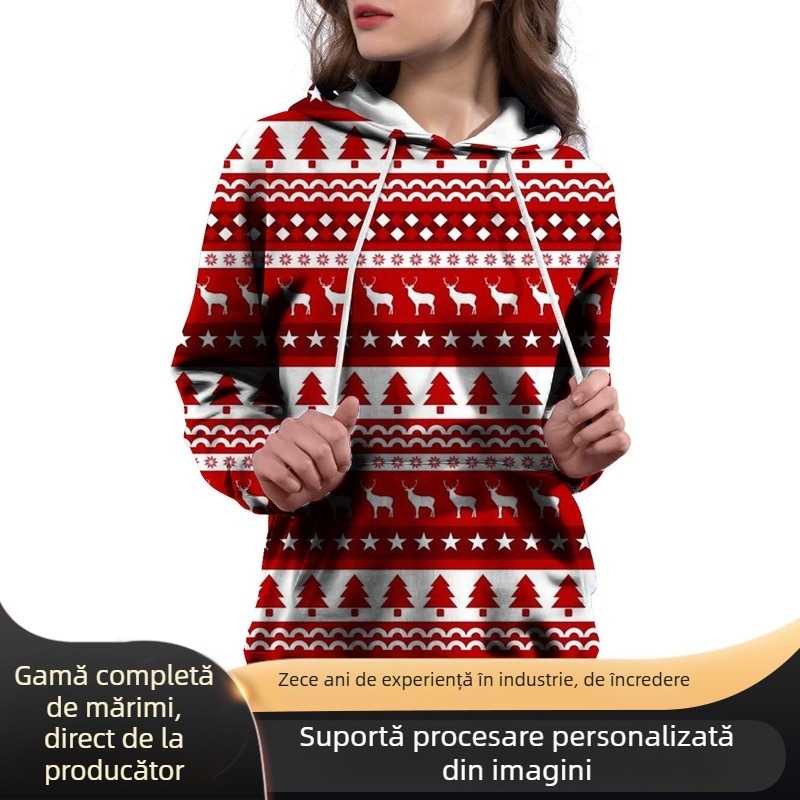 Hanorac damă cu imprimeu digital, glugă, mâneci lungi, guler rotund, pentru sport în aer liber, 2023