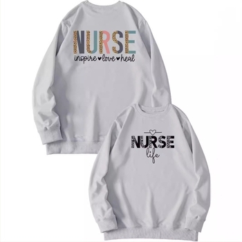 Pulover damă cu imprimeu pe față și pe spate, grafica 'Nurse Inspire Love Heal', stil casual