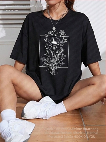 SHEIN EZwear Tricou cu imprimeu floral, umeri căzuți – tricou grafic pentru femei