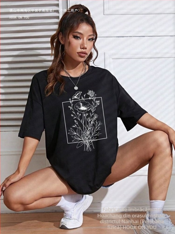 SHEIN EZwear Tricou cu imprimeu floral, umeri căzuți – tricou grafic pentru femei