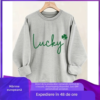 Pulover lejer pentru femei cu imprimeu de litere și trifoi cu patru foi, mâneci lungi, guler rotund, toamnă-iarnă