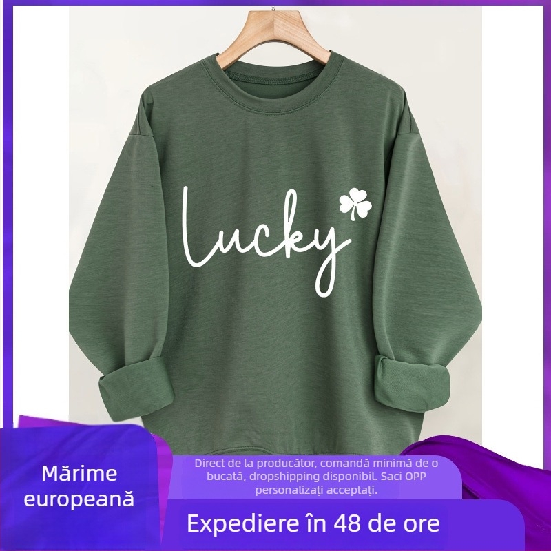 Pulover lejer pentru femei cu imprimeu de litere și trifoi cu patru foi, mâneci lungi, guler rotund, toamnă-iarnă